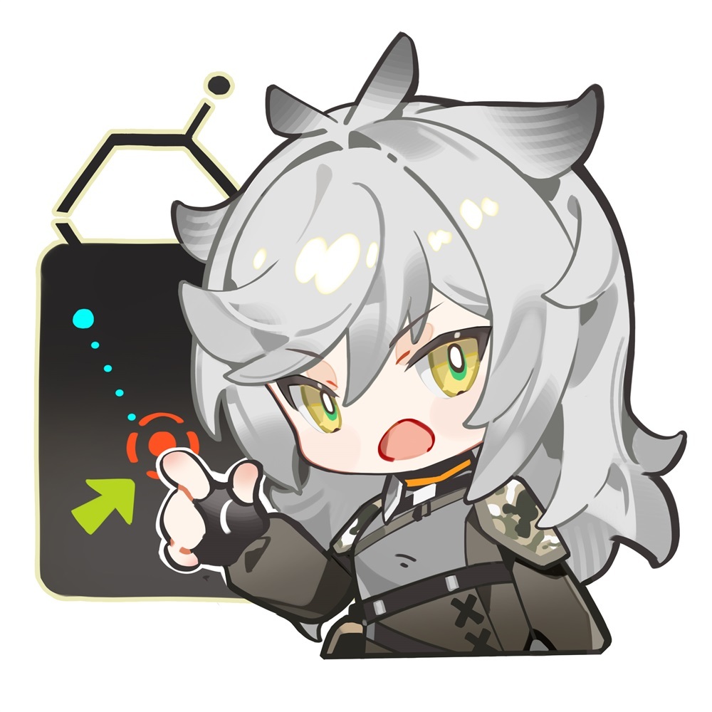 1girl arrow_(symbol) artist_request bad_tag chibi chibi_only chinese_commentary girls&#039;_frontline girls&#039;_frontline_neural_cloud grey_hair official_art olivia_(neural_cloud) open_mouth pointing second-party_source solo