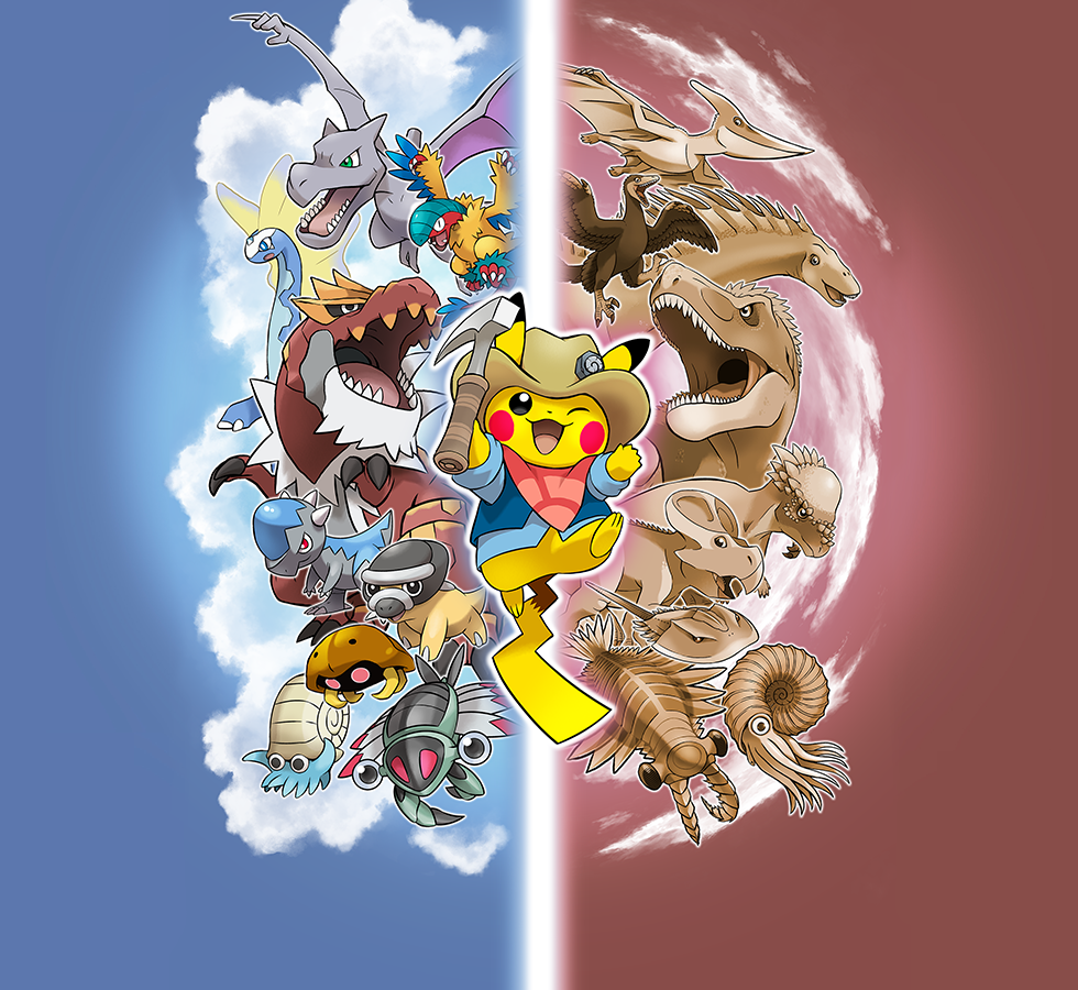 ;3 ;d aerodactyl ammonite ammonite_(animal) animal anomalocaris anorith archeops aurorus brown_headwear clothed_pokemon cloud commentary cranidos creatures_(company) english_commentary game_freak gen_1_pokemon gen_3_pokemon gen_4_pokemon gen_5_pokemon gen_6_pokemon hat clothed_pokemon holding horseshoe_crab kabuto_(pokemon) nintendo no_humans official_art omanyte one_eye_closed open_mouth pachycephalosaurus pikachu pokemon pokemon_(creature) prehistoric_animal protoceratops pterosaur sharp_teeth shieldon smile teeth tyrannosaurus_rex tyrantrum