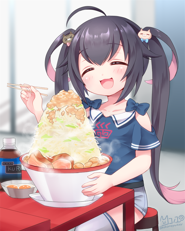1girl ahoge artist_name black_hair blue_shirt bowl cat_hair_ornament chopsticks closed_eyes clothing_cutout collarbone colored_inner_hair commentary_request food grey_shorts grey_thighhighs hair_flaps hair_ornament holding holding_bowl holding_chopsticks jirou_(ramen) long_hair multicolored_hair nanopai_kakumeikokonoyu noodles on_stool open_mouth original pink_hair ramen shirt short_sleeves shorts shoulder_cutout sitting smile solo t-shirt thighhighs twintails two-tone_hair very_long_hair