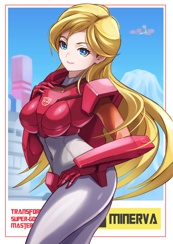 1girl aircraft armor blonde_hair blue_eyes bodysuit border breasts building character_name commentary_request covered_navel cowboy_shot ema_(emaura) female_focus gloves hand_on_own_hip long_hair looking_at_viewer minerva_(transformers) mountain outdoors science_fiction sky smile solo standing transformers transformers_super-god_masterforce very_long_hair