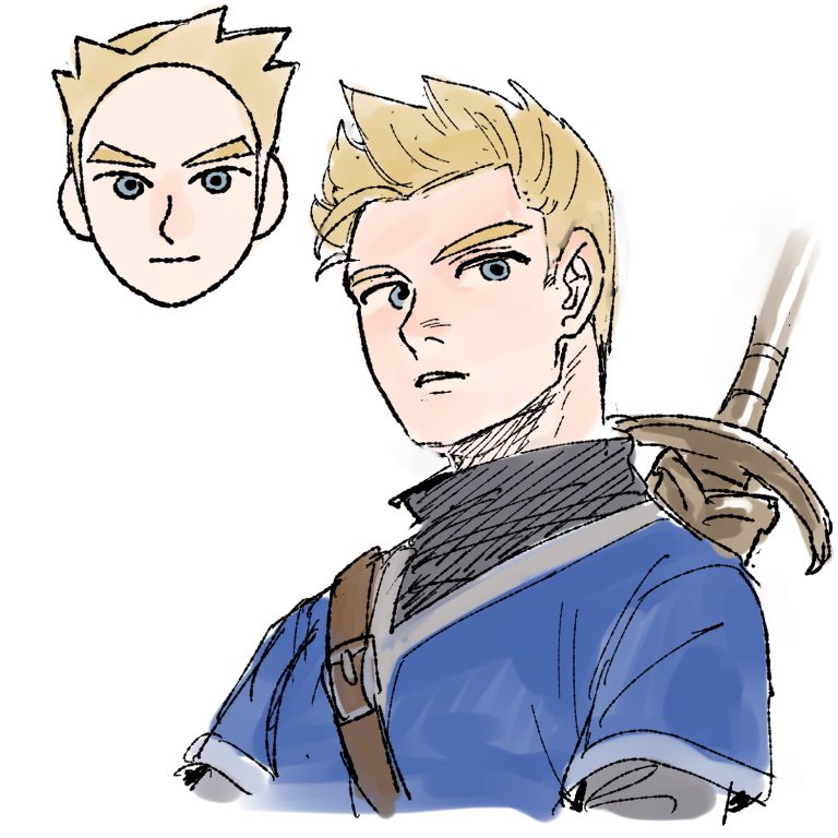 1boy blonde_hair blue_eyes blue_tunic dancho_no_mori high_collar humanization light_frown male_focus mii_(nintendo) mii_swordfighter mii_swordfighter_(smash_ultimate) nintendo parted_lips portrait reference_inset sheath sheathed short_hair short_sleeves solo super_smash_bros. sword sword_on_back tunic weapon weapon_on_back white_background