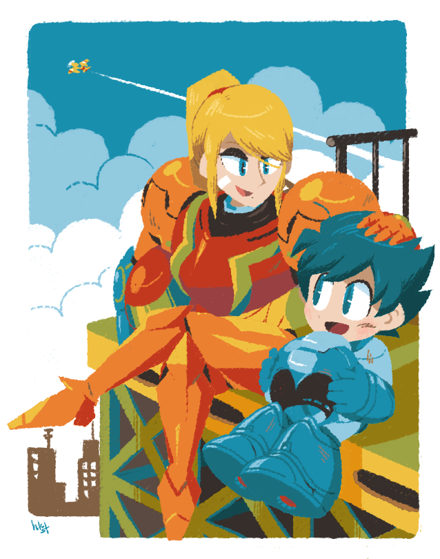 1boy 1girl armor capcom crossover hakusoto helmet mega_man_(character) mega_man_(classic) mega_man_(series) metroid nintendo power_suit_(metroid) samus_aran sitting smile varia_suit