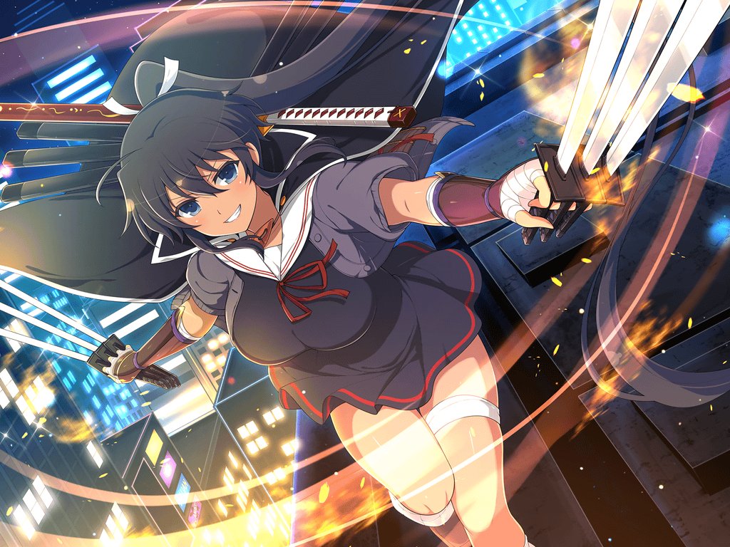 1girl armor black_cape black_hair black_serafuku blue_eyes blush breasts building cape city_lights cityscape collarbone commentary dark-skinned_female dark_skin dress english_commentary fire fuchi_(hilt) grey_jacket grin hair_ribbon high_ponytail holding holding_sword holding_weapon homura_(senran_kagura) jacket japanese_armor katana koshirae kote kurokote large_breasts leg_warmers loafers long_hair looking_at_viewer microdress multiple_swords multiple_wielding night night_sky official_art on_rooftop ootachi outdoors ponytail puffy_short_sleeves puffy_sleeves red_ribbon ribbon rooftop sailor_collar saya_(scabbard) scabbard school_uniform senran_kagura senran_kagura_new_link senran_kagura_shoujo-tachi_no_shin&#039;ei serafuku sheath sheathed shoes short_sleeves skindentation sky skyscraper smile smirk solo sparks star_(sky) starry_sky sword tan teeth thigh_strap tsuba_(guard) tsuka-ito tsuka_(handle) unsheathed very_long_hair weapon white_ribbon white_sailor_collar window yaegashi_nan