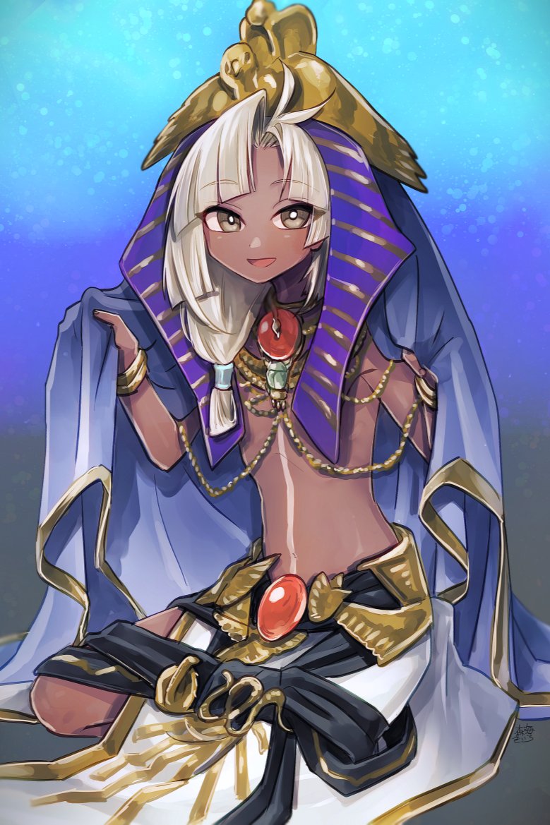 1boy ahoge bracelet bright_pupils dark-skinned_male dark_skin fate/grand_order fate_(series) grey_eyes grey_hair headdress jewelry long_hair male_focus scarab shinkai_kiiro signature topless_male tutankhamun_(fate) tutankhamun_(second_ascension)_(fate) white_pupils