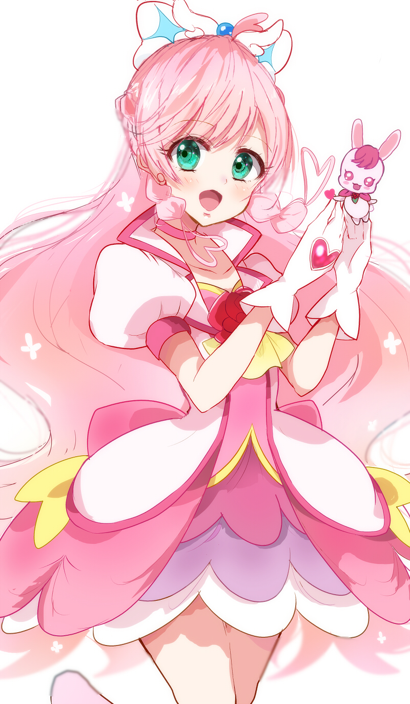 1girl ascot back_bow bow braid brooch choker commentary cosplay cure_grace cure_grace_(cosplay) cure_prism dress flower_brooch gloves green_eyes hair_bow haru_(nature_life) healin&#039;_good_precure heart highres hirogaru_sky!_precure jacket kakuma_ai large_bow long_hair looking_at_viewer magical_girl open_mouth pink_bow pink_choker pink_dress pink_hair precure puffy_short_sleeves puffy_sleeves rabirin_(precure) short_dress short_sleeves side_braid simple_background smile solo standing voice_actor_connection white_background white_bow white_gloves white_jacket yellow_ascot