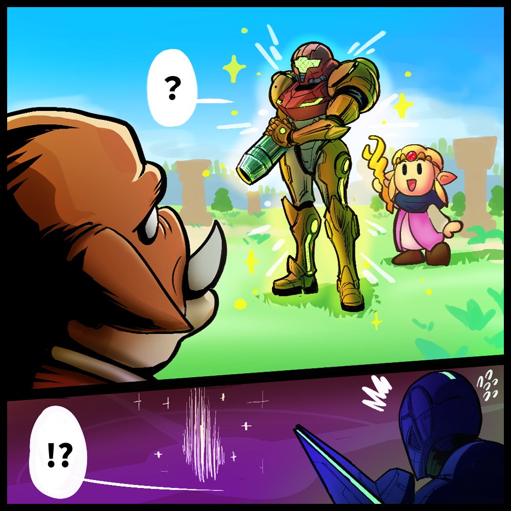 2boys 2girls arm_cannon armor assault_visor circlet cloak gameplay_mechanics gold_circlet green_visor improvised_weapon ludens_fusion mage_staff magic metroid metroid_prime_4:_beyond moblin monster multiple_boys multiple_girls nintendo power_armor power_suit princess_zelda purple_tunic samus_aran smile speech_bubble staff sylux_(metroid) the_legend_of_zelda the_legend_of_zelda:_echoes_of_wisdom tri_rod tunic varia_suit weapon