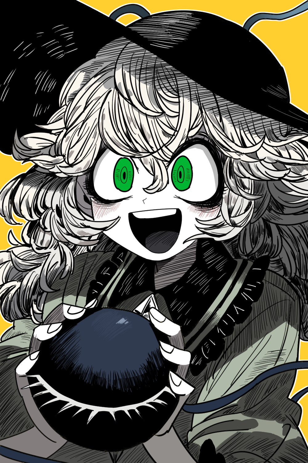 black_hat bollzzalguy buttons diamond_button frilled_shirt_collar frilled_sleeves frills green_eyes hat heart heart_of_string highres holding_eyeball komeiji_koishi long_hair partially_colored smile third_eye touhou yellow_background