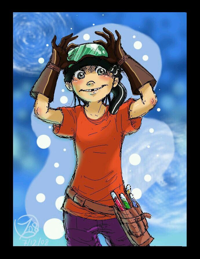 1boy animification bad_source beatrice_bovo black_border black_hair black_hat blush border brown_gloves bruise bruise_on_elbow ed_edd_n_eddy edd_(ed_edd_n_eddy) gloves goggles goggles_on_head hat injury male_focus medium_hair narrow_waist orange_shirt potion purple_shorts safety_glasses shirt shorts solo test_tube tooth_gap