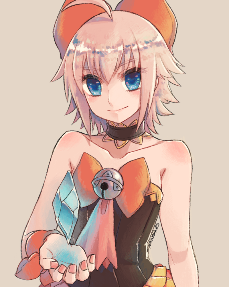 1girl ahoge bare_shoulders bell blue_eyes bow choker closed_mouth crystal final_fantasy final_fantasy_crystal_chronicles final_fantasy_crystal_chronicles:_echoes_of_time hair_bow looking_at_viewer pink_hair sherlotta short_hair simple_background smile solo sunagimo_(nagimo)