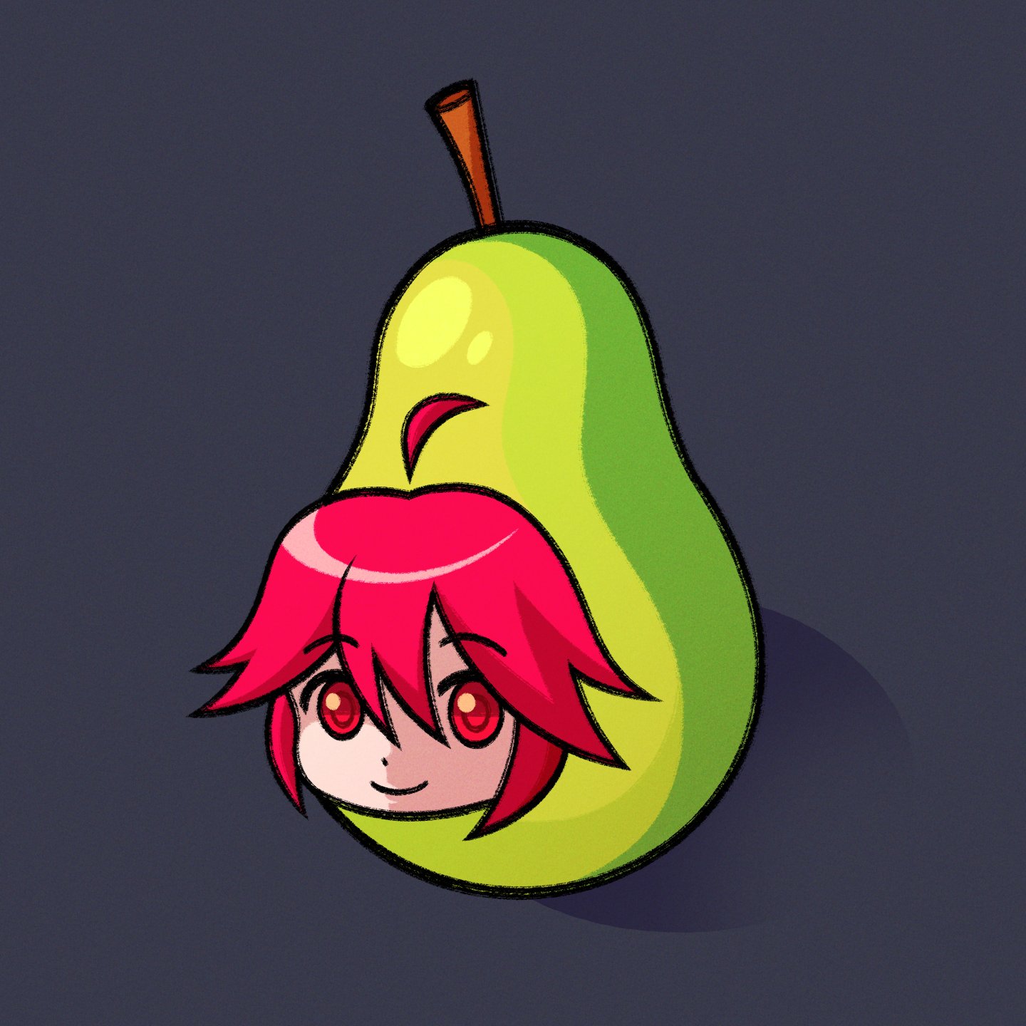 1girl ahoge closed_mouth commentary cryptidhermit detached_ahoge english_commentary food fruit full_body grey_background highres kasane_teto looking_at_viewer pear pearto red_hair short_hair simple_background smile solo utau