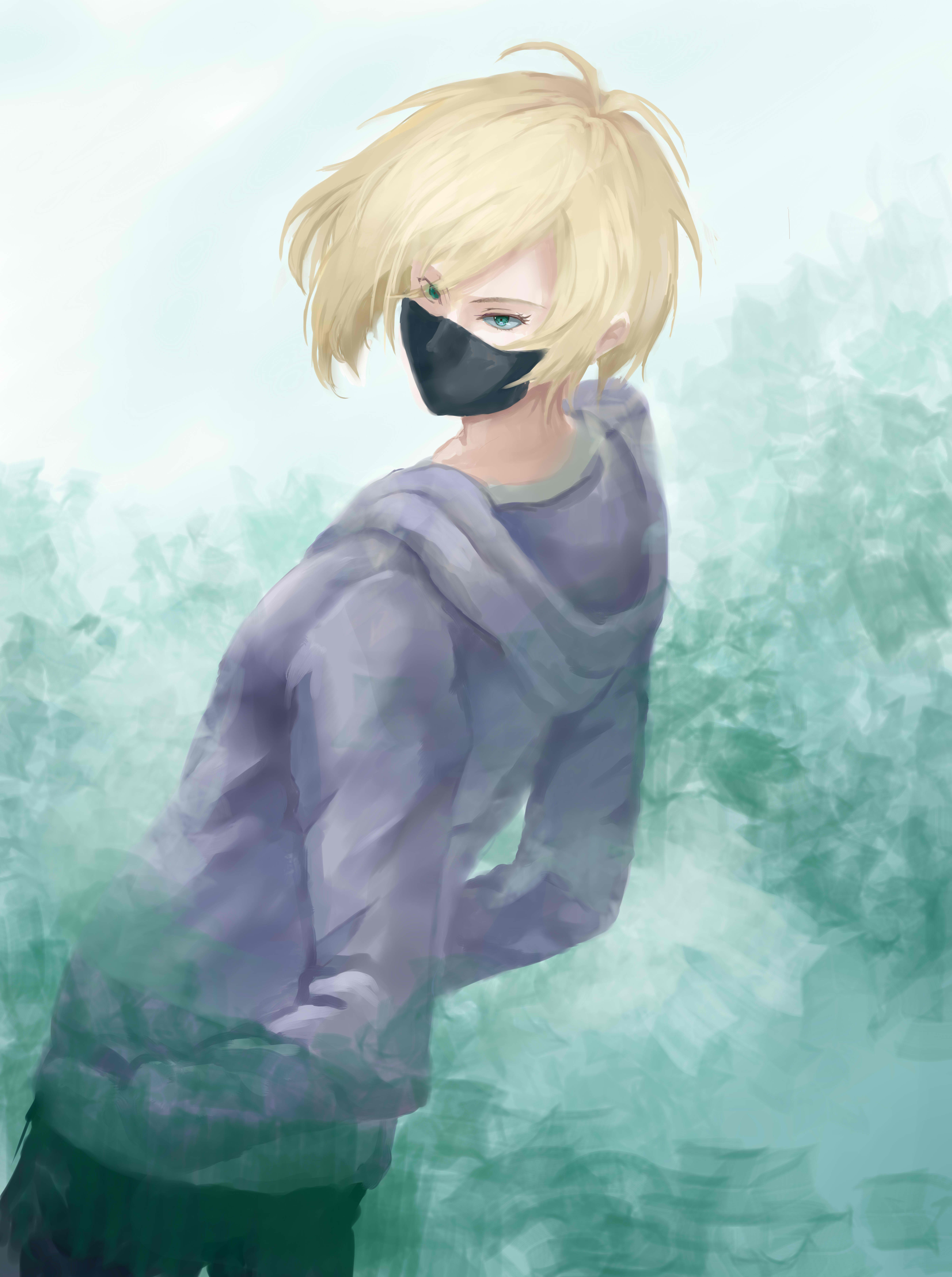 1boy absurdres blonde_hair highres hood hoodie male_focus mask mouth_mask solo touchika yuri!!!_on_ice yuri_plisetsky