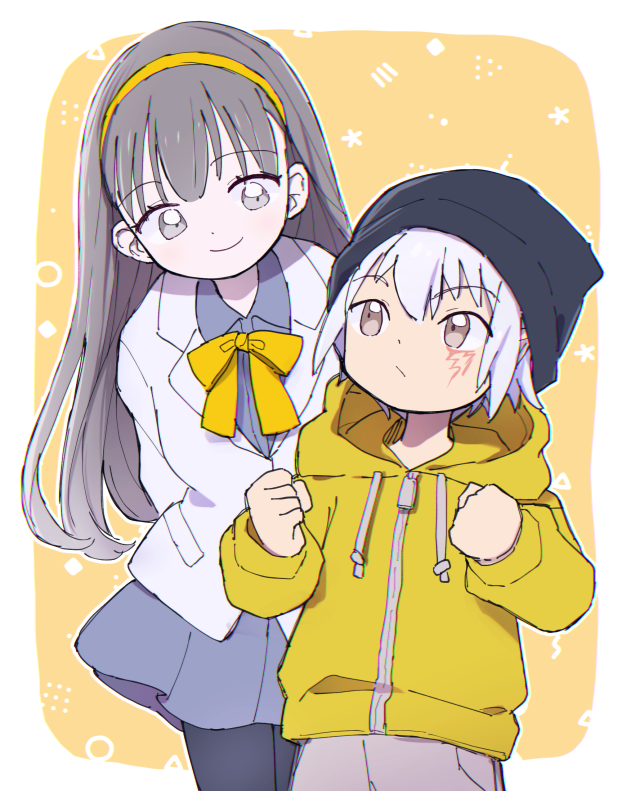1boy 1girl 3567days aegiomon beanie black_hat black_pantyhose border digimon digimon_(creature) digimon_story:_time_stranger grey_eyes grey_hair grey_shirt grey_skirt hat hood hooded_jacket jacket long_hair misono_inori pantyhose shirt short_hair simple_background skirt white_border white_jacket yellow_background yellow_jacket