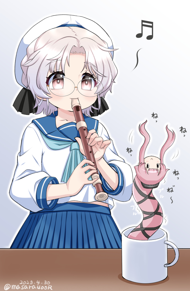 1girl blue_neckerchief blue_sailor_collar blue_skirt coffee_mug cup flute glasses grey_eyes grey_hair hat hirato_(kancolle) holding holding_instrument instrument kantai_collection masara_(chuujou) mug music musical_note neckerchief playing_instrument pleated_skirt recorder sailor_collar sailor_hat school_uniform serafuku short_hair skirt snake_charmer wavy_hair white_headwear yura_(kancolle) yura_(snake)