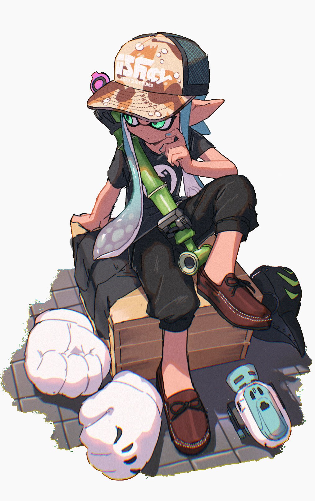 1girl autobomb_(splatoon) bamboozler_14_(splatoon) baseball_cap black_pants black_shirt blue_hair blue_nails box brown_hat brown_shoes camouflage_headwear capri_pants closed_mouth commentary_request full_body gloves gradient_hair green_eyes hand_on_own_cheek hand_on_own_face hat highres inkling inkling_girl inkling_player_character long_hair looking_to_the_side mask multicolored_hair nintendo on_box pants plague_doctor_mask pointy_ears purple_hair shafu shirt shoes short_sleeves sitting solo splatoon_(series) t-shirt tentacle_hair unworn_gloves unworn_mask white_gloves