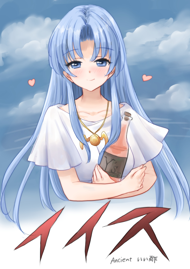 1girl ancient_ys_vanished blue_eyes blue_sky blush bottle closed_mouth cloud collarbone commentary_request curtained_hair dress feena_(ys) gold_necklace heart holding holding_bottle jewelry kitagawa_mikio necklace sky smile solo white_dress ys
