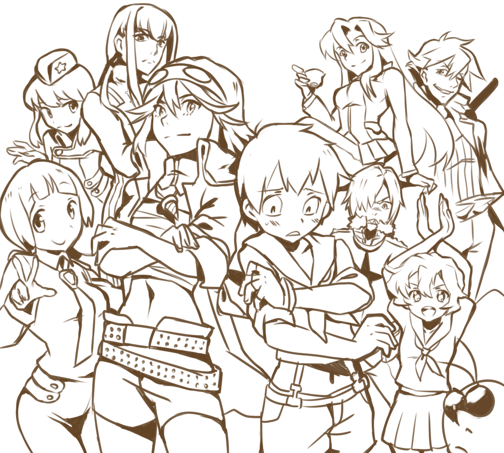 6+girls boota_(ttgl) cosplay costume_switch creator_connection crossover darry_adai darry_adai_(cosplay) inumuta_houka inumuta_houka_(cosplay) jakuzure_nonon kamina_(ttgl) kill_la_kill kinon_(cosplay) kinon_bachika kiryuuin_satsuki kiryuuin_satsuki_(cosplay) lineart mankanshoku_mako mankanshoku_mako_(cosplay) matoi_ryuuko matoi_ryuuko_(cosplay) monochrome mooopl multiple_girls nia_teppelin rossiu_(cosplay) rossiu_adai sanageyama_uzu sanageyama_uzu_(cosplay) senketsu simon_(cosplay) simon_(ttgl) tengen_toppa_gurren_lagann viral_(ttgl) yoko_littner
