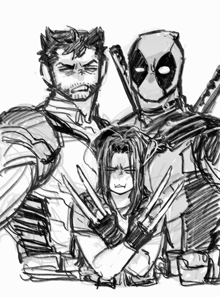 1girl 2boys beard between_pecs between_pectorals blank_eyes boy_sandwich cheek_press claws clenched_teeth commentary_request deadpool deadpool_&amp;_wolverine deadpool_(series) dishing facial_hair frown gloves greyscale head_between_pecs katana korean_commentary large_pectorals laura_kinney long_hair marvel mask mature_male monochrome multiple_boys muscular muscular_male pectorals sandwiched shirt short_hair short_sleeves superhero_costume sword teeth weapon weapon_on_back wolverine_(x-men) x-men