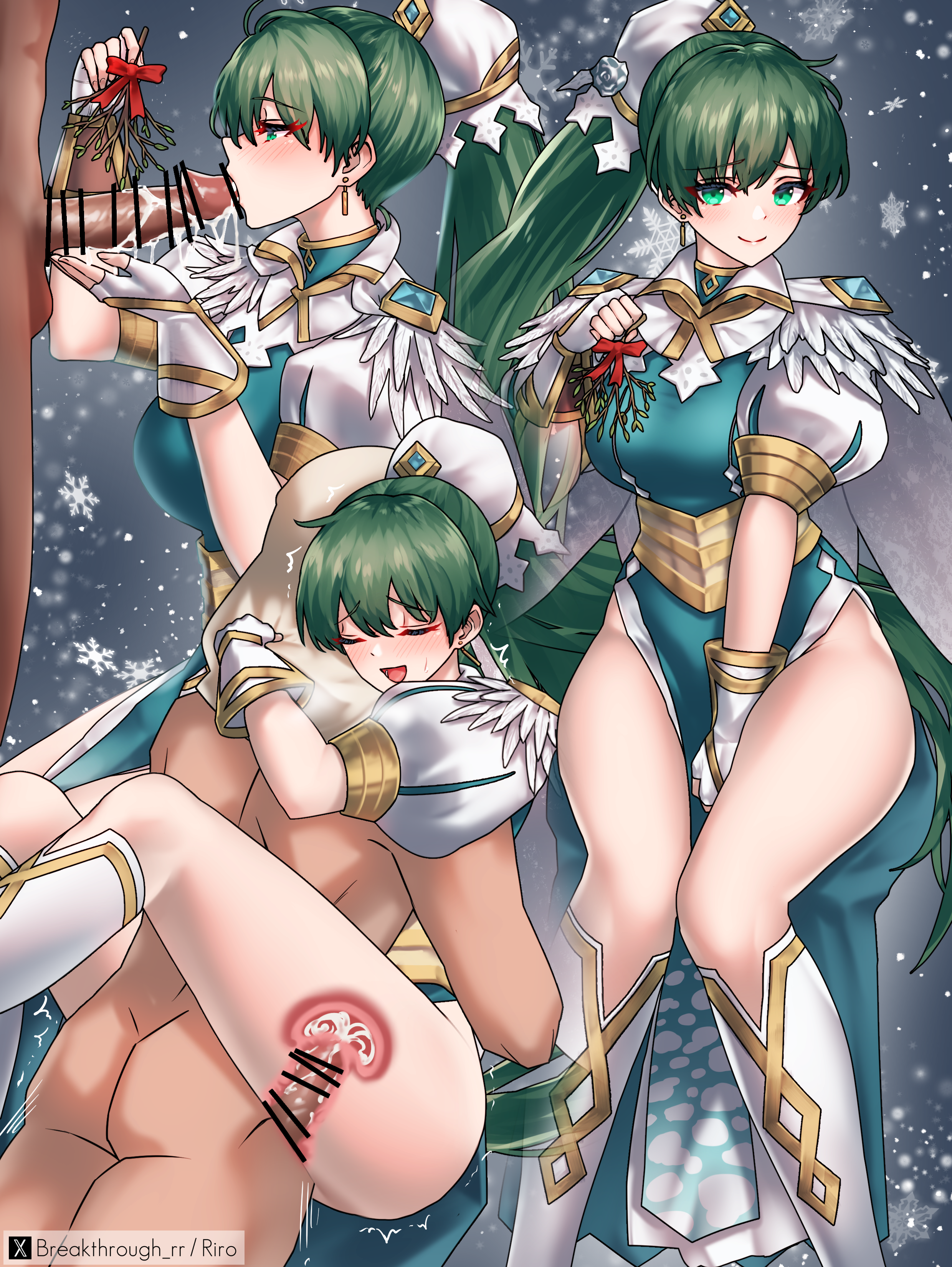 1boy 1girl absurdres artist_name bar_censor blue_dress boots breasts censored closed_eyes clothed_female_nude_male cross-section cum cum_in_pussy dress fellatio fingerless_gloves fire_emblem fire_emblem:_the_blazing_blade fire_emblem_heroes gloves green_eyes green_hair highres holding holding_mistletoe long_hair lyn_(fire_emblem) lyn_(resplendent)_(fire_emblem) mistletoe nintendo nude open_mouth oral penis ponytail riro_(breakthrough_rr) sex smile snowing vaginal white_boots white_gloves