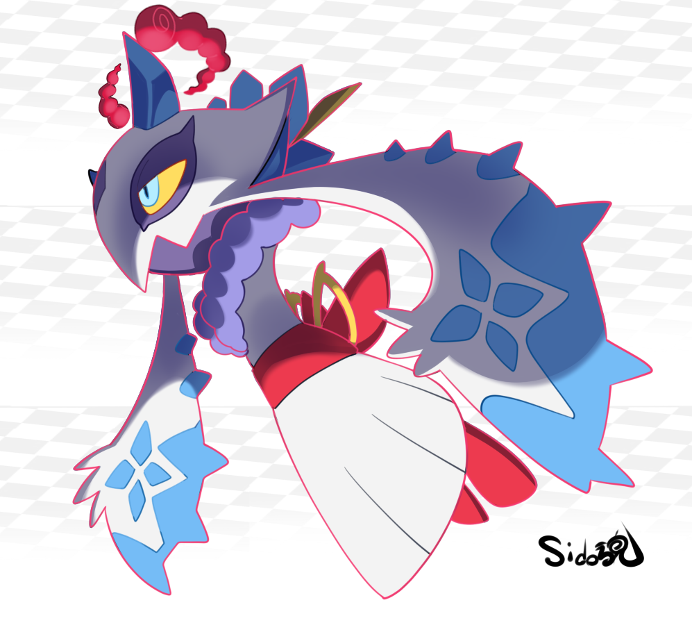 blue_eyes checkered_background closed_mouth cloud colored_sclera froslass full_body gen_4_pokemon gigantamax_(other) nintendo no_humans pokemon pokemon_(creature) sido_(slipknot) signature solo yellow_sclera
