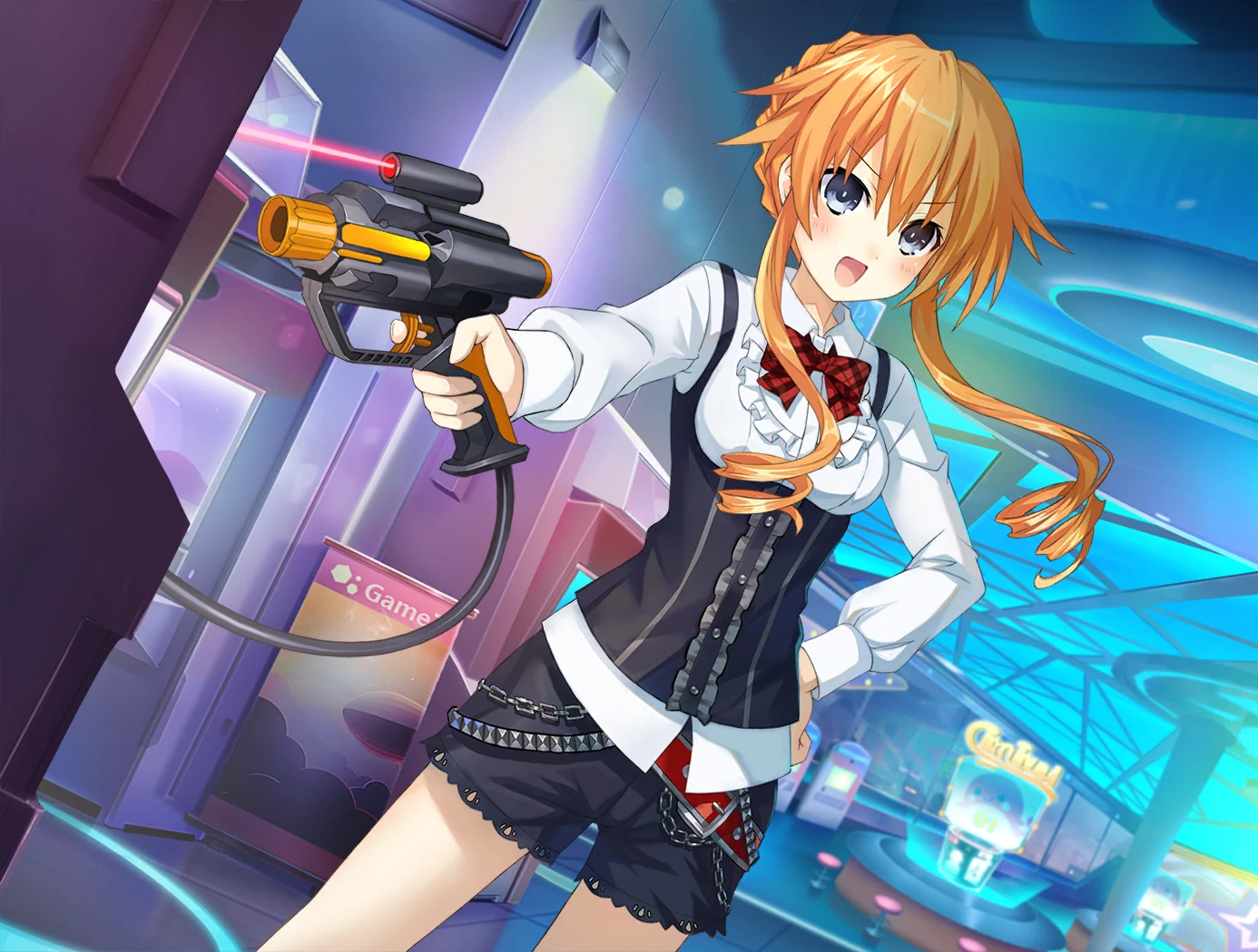 1girl alternate_costume arcade arcade_cabinet belt black_shorts black_vest blue_eyes bow bowtie braid breasts chain collared_shirt date_a_live date_a_live:_spirit_pledge drill_hair game_cg gun hair_between_eyes indoors light_gun long_hair long_sleeves looking_at_viewer low_drills medium_breasts official_art open_mouth orange_hair puffy_long_sleeves puffy_sleeves red_belt red_bow red_bowtie shirt shorts sidelocks smile solo third-party_source v-shaped_eyebrows vest weapon yamai_kaguya