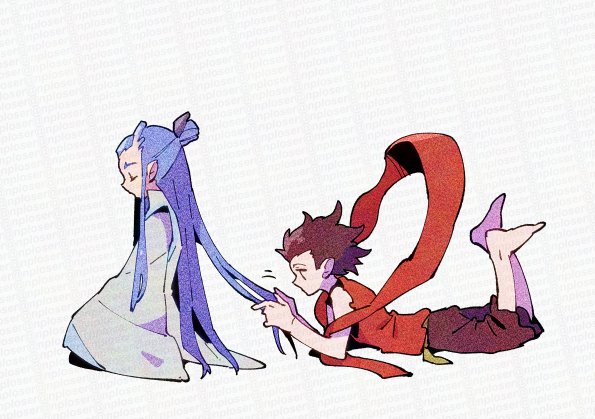 2boys ao_bing_(nezha_zhi_motong_jiangshi) barefoot black_pants brown_hair closed_eyes dragon_horns eastern_dragon_horns from_side hagoromo hair_behind_ear hair_intakes holding_another&#039;s_hair horns long_hair long_sleeves lying male_focus multiple_boys nezha_(nezha_zhi_motong_jiangshi) nezha_zhi_motong_jiangshi nploser on_stomach pants profile red_shirt robe shawl shirt simple_background sitting sleeves_past_fingers sleeves_past_wrists very_long_hair white_background white_robe wide_sleeves