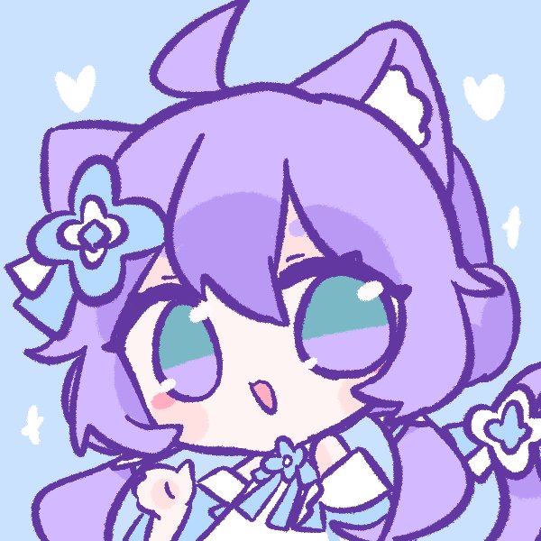 1girl ahoge animal_ear_fluff animal_ears blue_background cat_ears cat_girl cat_tail chibi chibi_only commentary dress flower hair_flower hair_ornament hand_up heart hyouenn long_hair looking_at_viewer maimai_(game) open_mouth purple_eyes purple_hair salt_(maimai) solo tail upper_body white_dress