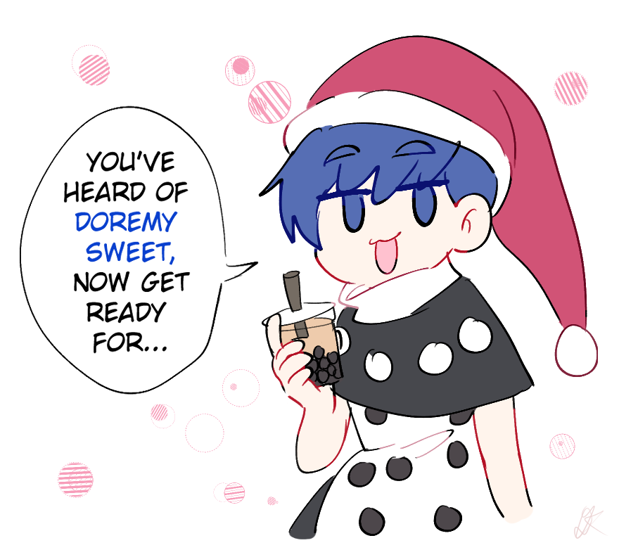 1girl black_capelet blue_eyes blue_hair capelet commentary cup doremy_sweet dress english_text hat holding holding_cup khylimei nightcap open_mouth pom_pom_(clothes) short_hair simple_background thick_eyebrows touhou upper_body