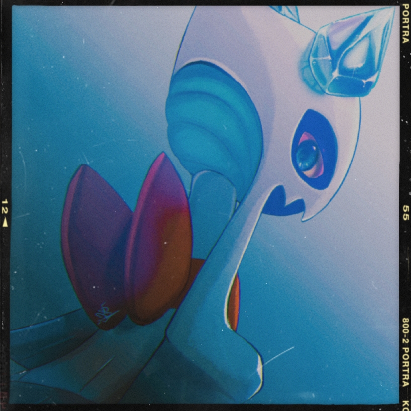 artist_name back_bow blue_background blue_eyes blue_gemstone bow colored_sclera dutch_angle from_behind froslass gem gen_4_pokemon gradient_background ice looking_at_viewer looking_back nintendo no_humans pokemon pokemon_(creature) red_bow s_(esumi_kihomaru) signature simple_background solo yellow_sclera