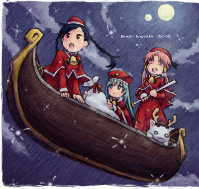 00s 3girls adapted_costume aika_granzchesta alice_carroll antlers aria_(manga) aria_pokoteng christmas cloud emoncake. full_moon gondola hat horns lowres mizunashi_akari moon multiple_girls night oar ribbon sack santa_costume sitting standing star_(symbol)