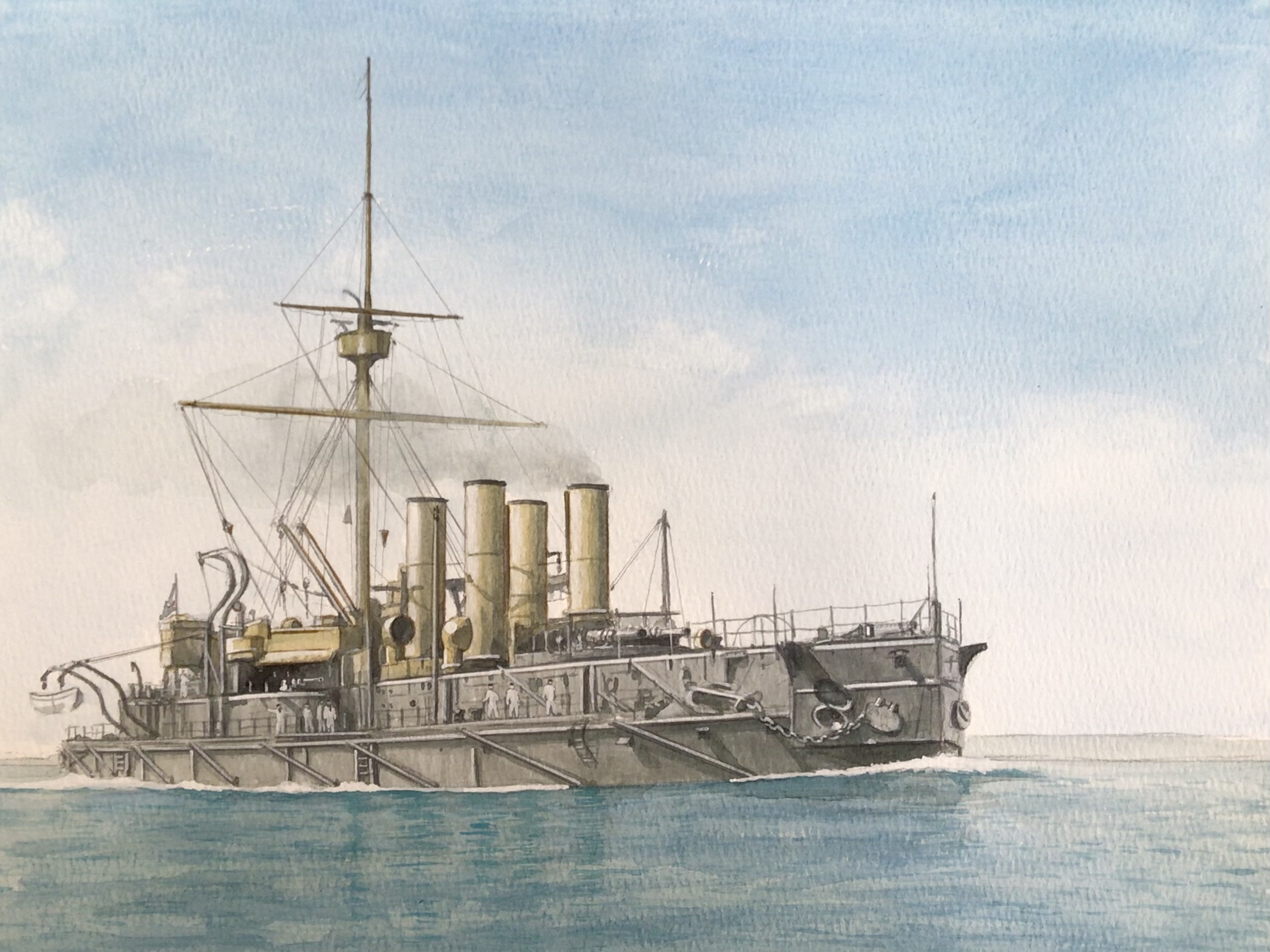 atelier_bono cannon highres imperial_german_navy ironclad mast military_vehicle ocean original painting_(medium) ship sky smoke smokestack sms_baden_(1880) traditional_media vehicle_focus warship watercolor_(medium) watercraft
