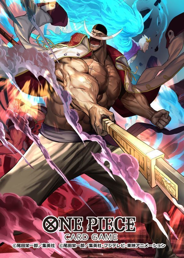2boys adachi_yousuke alternate_form attack bandana black_bandana blonde_hair clenched_hand coat coat_on_shoulders colored_smoke commentary_request copyright_name devil_fruit_power edward_newgate facial_hair fire holding holding_sword holding_weapon male_focus marco_(one_piece) multiple_boys mustache official_art one_piece one_piece_card_game open_mouth purple_shirt sash shirt smoke sword weapon