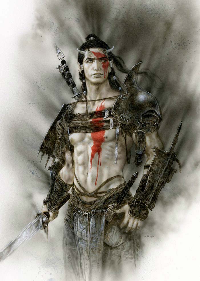 1boy abs ambiguous_red_liquid arm_guards black_hair chest_strap facepaint fog holding holding_sword holding_weapon horns lips long_hair luis_royo malefic_time metal_armor muscular navel nipples official_art pants ponytail shoulder_guard signature sword sword_hilt sword_on_back too_many_weapons topless_male weapon weapon_on_back