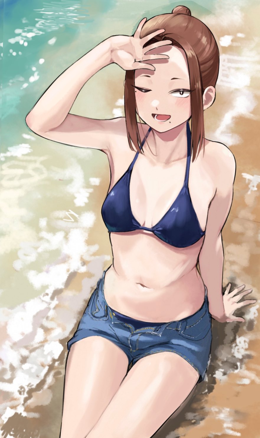 1girl arm_support arm_up ayatak0517 beach bikini bikini_under_clothes blue_bikini blue_shorts breasts brown_hair collarbone denim denim_shorts forehead hair_bun highres komi-san_wa_komyushou_desu medium_hair mole mole_under_eye mole_under_mouth navel ocean on_ground one_eye_closed onemine_nene open_mouth outdoors parted_bangs sanpaku short_shorts shorts sitting small_breasts smile solo stomach swimsuit thighs