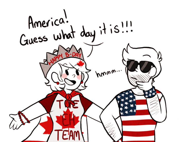 1boy 1girl american_flag american_flag_print canada canada_day canadian_flag canadian_flag_print cape closed_mouth commentary crown earrings egobuzz english_commentary english_text flag_print happy_birthday jewelry open_mouth original personification short_sleeves sunglasses united_states upper_body