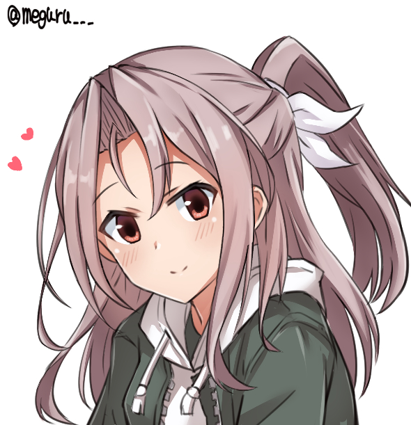 1girl alternate_costume bad_id bad_twitter_id female_focus green_jacket high_ponytail hood hooded_sweater hoodie jacket kantai_collection light_brown_hair long_hair looking_at_viewer meguru_(megurunn) ponytail simple_background smile solo sweater twitter_username upper_body white_background white_sweater zuihou_(kancolle) zuihou_(valentine)_(kancolle)