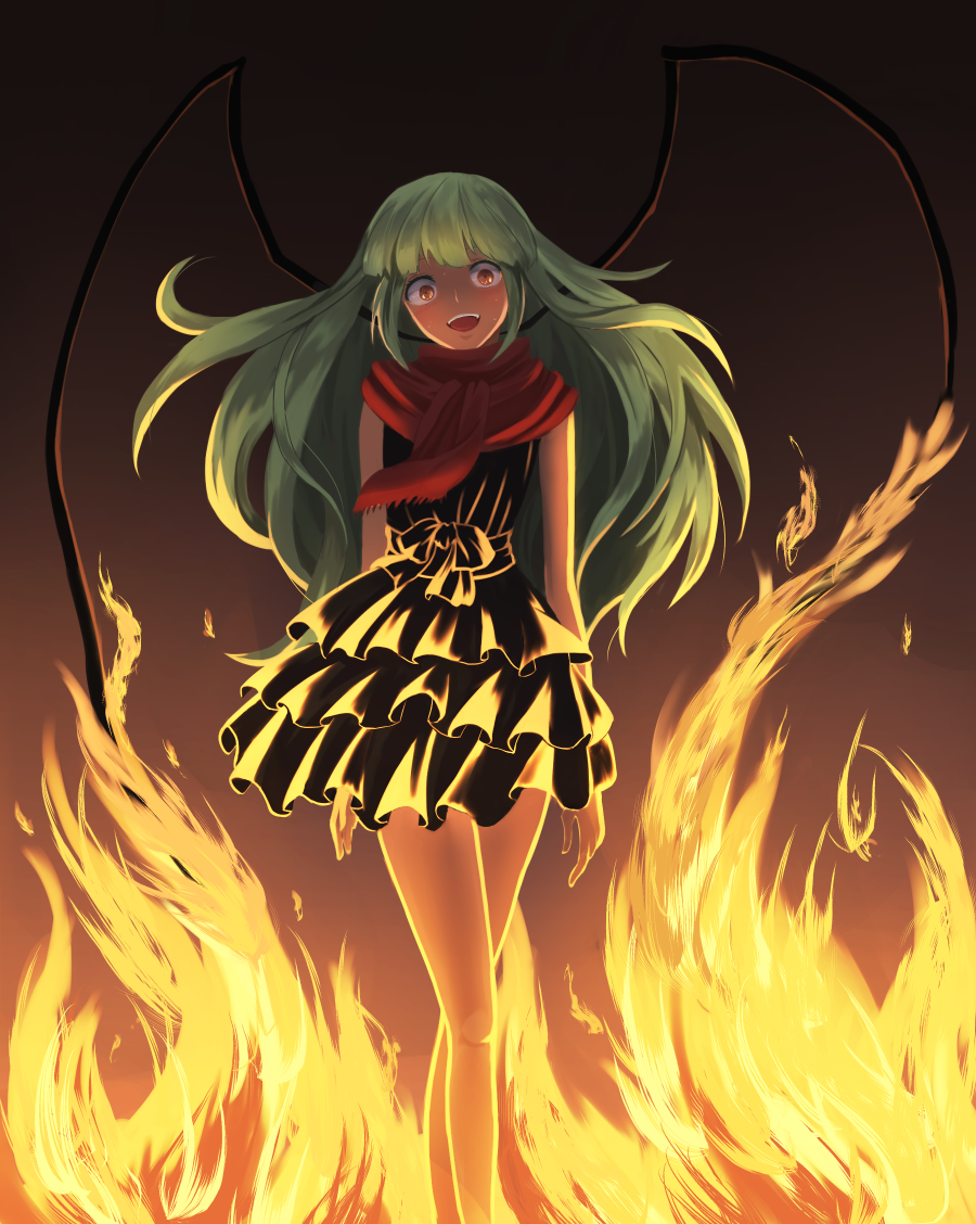 1girl ansatsu_kyoushitsu backlighting bare_legs black_dress dress fire green_hair kayano_kaede layered_dress long_hair looking_at_viewer open_mouth red_scarf scarf shiina_shizuku short_dress sleeveless sleeveless_dress solo teeth tentacles upper_teeth_only yellow_eyes yukimura_akari