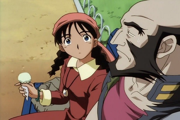 1boy 1girl age_difference angry anime_screenshot annoyed bald_male beard bench black_eyes black_hair blank_stare blue_eyes blue_vest bracelet braided_twintails character_request collarbone collared_vest cowboy_bebop dark-skinned_female dark-skinned_male dark_skin dessert dirt dress ears facial_hair food grass green_bracelet green_trim grey_trim gypsy ice_cream jet_black jewelry lips long_hair muscular muscular_male necklace official_art pao_meifa park park_bench pink_shirt red_dress shirt silver_necklace squinting staring sweatdrop twintails vest yellow_trim