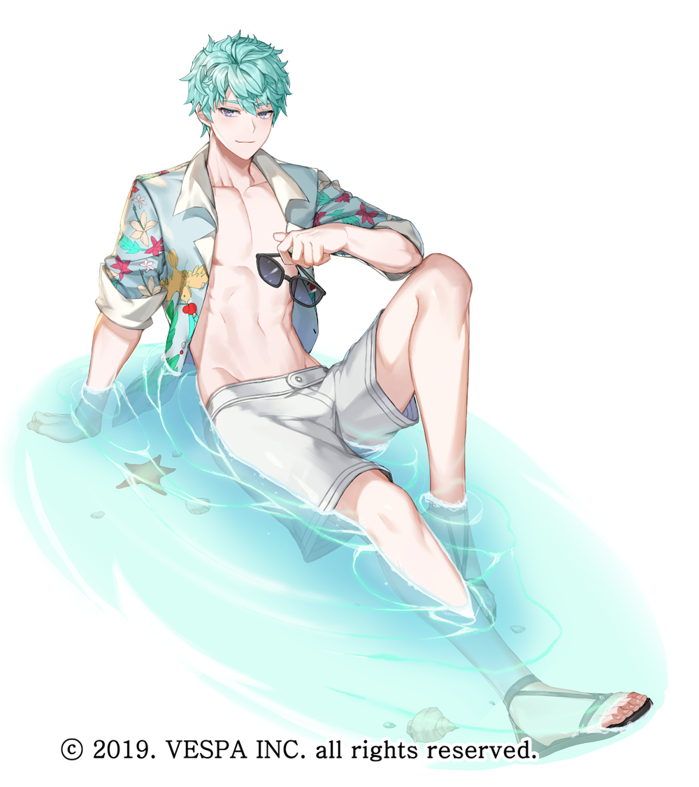 1boy beach black_sandals blue_shirt commentary_request esker_(king&#039;s_raid) green_hair grey_eyes holding holding_removed_eyewear hwansang_jungdog in_water king&#039;s_raid korean_commentary looking_at_viewer male_focus male_swimwear mixed-language_commentary official_alternate_costume official_art on_ground open_clothes open_shirt partial_commentary sandals seashell shell shirt smile solo starfish sunglasses unworn_eyewear white_male_swimwear