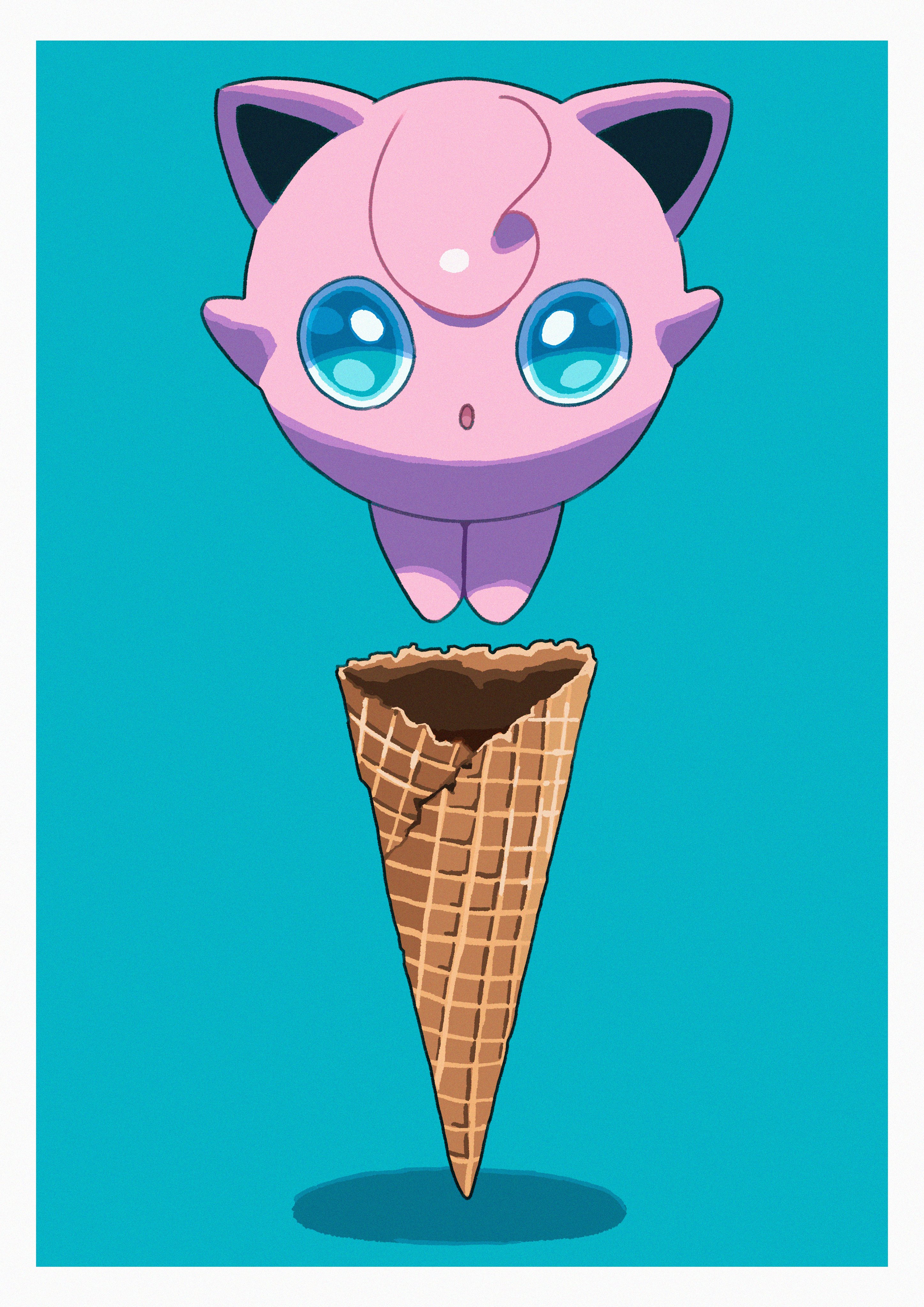 :o absurdres blue_eyes full_body gen_1_pokemon highres ice_cream_cone jigglypuff nintendo no_humans open_mouth pink_hair pokemon pokemon_(creature) saiku_(zvlku) shadow solo