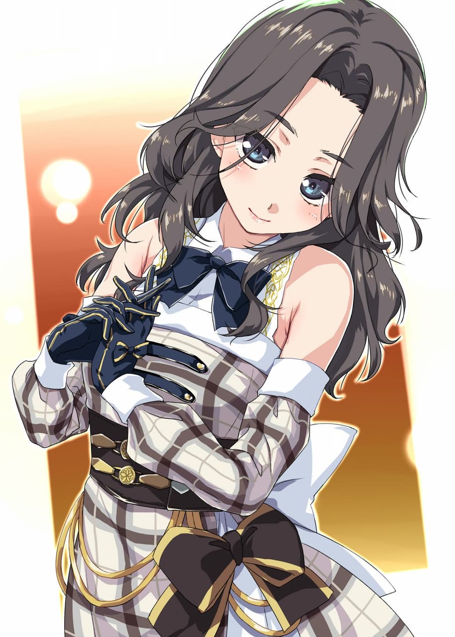 1girl 22/7 blue_bow blue_bowtie blue_eyes blue_gloves bow bowtie brown_bow closed_mouth cowboy_shot curtained_hair detached_sleeves dress fur-trimmed_dress fur_trim gloves grey_hair highres kisairo_kaede long_hair orihara_sumika own_hands_clasped own_hands_together sleeveless sleeveless_dress smile solo standing wavy_hair white_bow