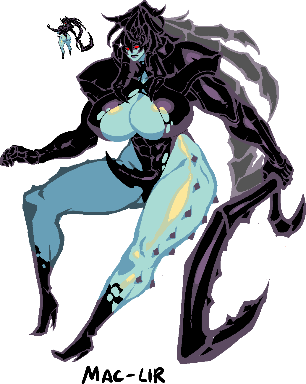 1girl arthropod_girl ass black_lips blue_skin breasts character_name cloud_meadow colored_sclera colored_skin crab_claw crab_girl hand_up high_heels highres holding holding_weapon homunculus knee_up large_breasts lipstick mac-lir_(cloud_meadow) makeup monster_girl no_pupils pixel_art red_eyes red_sclera s-purple simple_background spikes weapon white_background