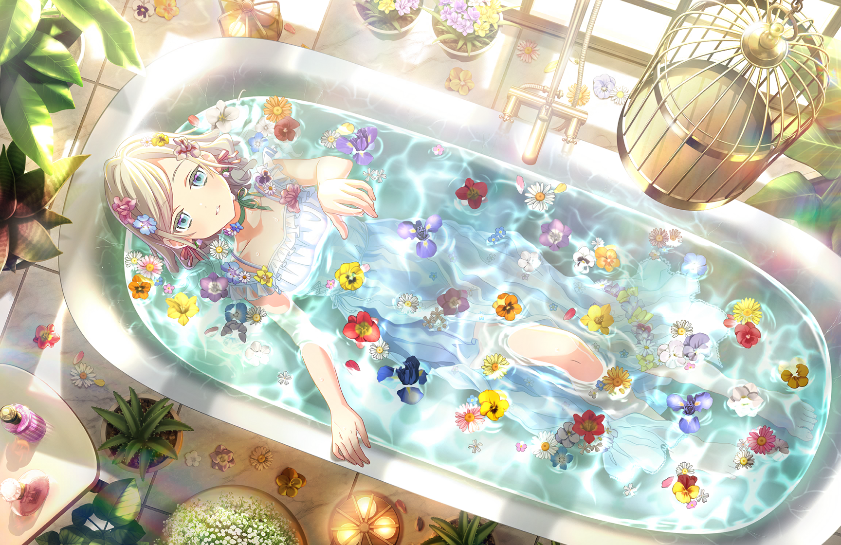 1girl aloe_(plant) baby's-breath barefoot bathtub birdcage blue_eyes blue_flower cage ceras_yanagida_lilienfeld choker collarbone daisy_(flower) dress_swimsuit flower flower_choker flower_request forget-me-not_(flower) frilled_one-piece_swimsuit frills from_above game_cg green_choker green_ribbon grey_hair hair_flower hair_intakes hair_ornament her-bath-rium highres in_bathtub indoors iris_(flower) knee_up link!_like!_love_live! long_hair looking_at_viewer love_live! nemophila_(flower) non-web_source official_alternate_costume official_art one-piece_swimsuit orange_flower orange_pansy pansy parted_lips partially_submerged pink_flower plant potted_plant purple_flower red_flower ribbon ribbon_choker solo swimsuit toes virtual_youtuber white_flower white_one-piece_swimsuit yellow_flower yellow_pansy