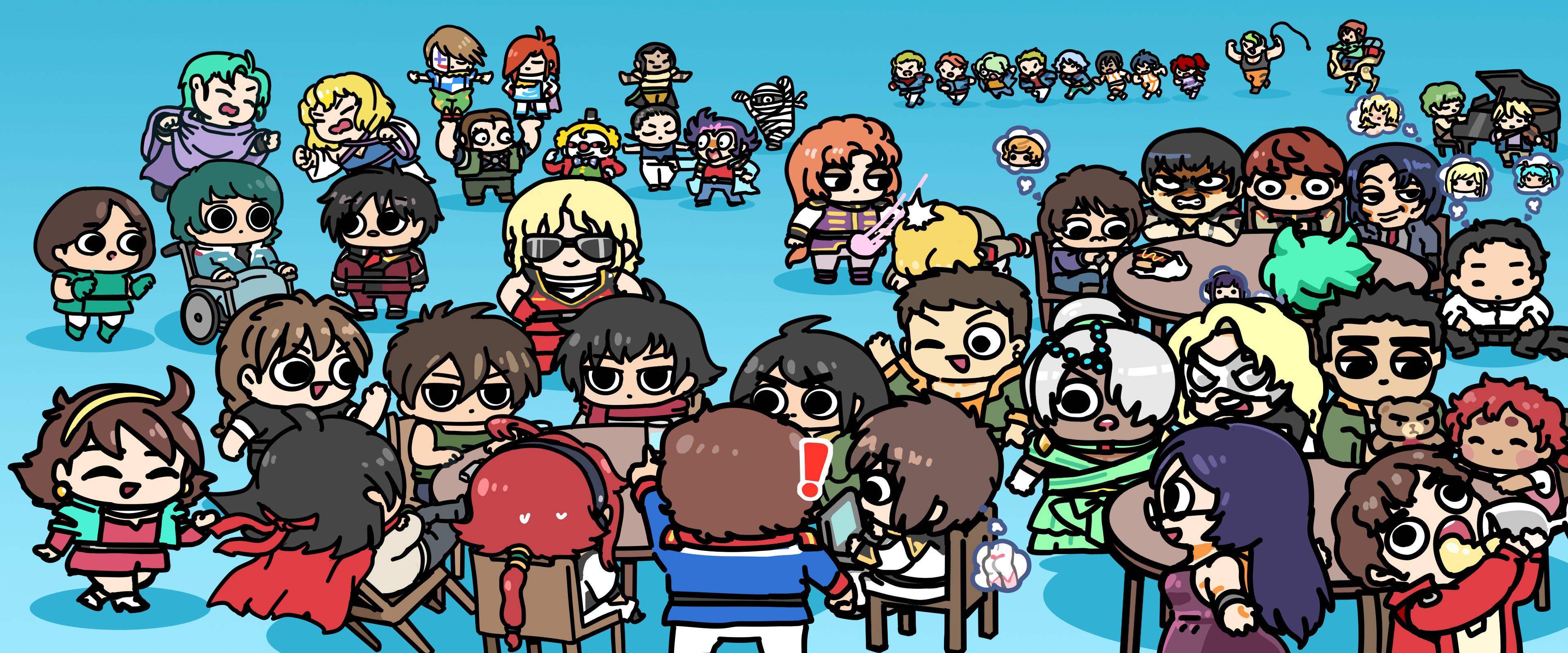 absurdres afei_(sfma3248) amuro_ray argo_gulskii athrun_zala banagher_links blonde_hair blue_hair braid cagalli_yula_athha chair chang_wufei char's_counterattack char_aznable chibi chibodee_crocket clown compass_uniform computer dark_skin domon_kasshu dress duo_maxwell earth_federation four_murasame g_gundam george_de_sand gigi_andalusia gundam gundam_00 gundam_age gundam_hathaway's_flash gundam_narrative gundam_seed gundam_seed_destiny gundam_seed_freedom gundam_thunderbolt gundam_unicorn gundam_wing gundam_zz hathaway_noa heero_yuy highres instrument jona_basta kamille_bidan kio_asuno kira_yamato kou_uraki laura_rolla loran_cehack marida_cruz mikazuki_augus military_uniform mineva_lao_zabi mobile_suit_gundam piano punching quatre_raberba_winner quattro_bajeena quess_paraya rain_mikamura rau_le_creuset sai_saici setsuna_f._seiei shinn_asuka short_hair sleeveless smile speech_bubble stellar_loussier sunglasses thought_bubble tieria_erde trap trowa_barton turn_a_gundam zaft_uniform zeta_gundam