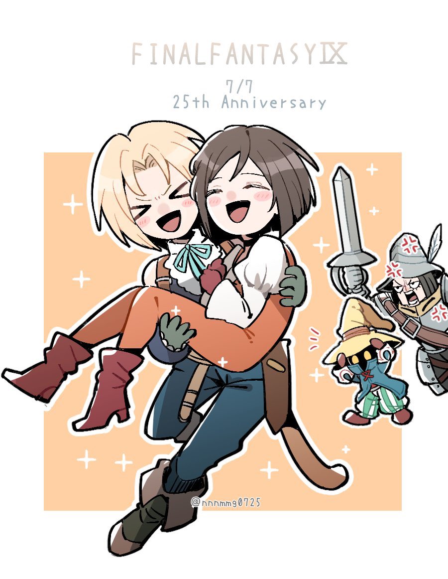 &gt;_&lt; 1girl 3boys :d adelbert_steiner anger_vein anniversary aqua_ribbon armor bare_shoulders black_choker black_mage_(final_fantasy) blonde_hair blue_coat blue_pants blue_vest blue_wrist_cuffs blush bodysuit boots border brown_boots brown_gloves brown_hair carrying choker closed_eyes coat copyright_name couple dated final_fantasy final_fantasy_ix furrowed_brow garnet_til_alexandros_xvii gloves grey_boots grey_gloves hand_on_headwear hat hat_feather helmet hetero holding holding_sword holding_weapon juliet_sleeves knight long_sleeves multiple_boys neck_ribbon nnnmmg0725 open_mouth orange_background orange_bodysuit pants parted_bangs plate_armor princess_carry puffy_sleeves ribbon shirt short_hair shouting smile sparkle striped_clothes striped_pants sword twitter_username vest vivi_ornitier weapon white_border white_shirt wizard_hat wrist_cuffs xd yellow_eyes zidane_tribal