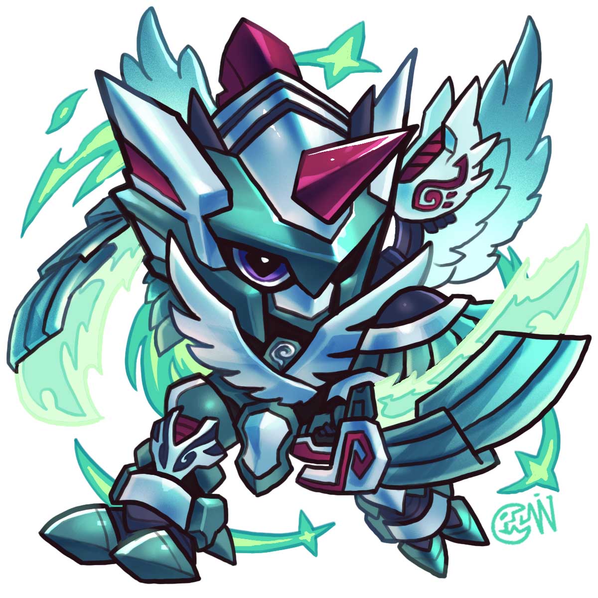 armor bird chibi digimon digimon_(creature) digimon_liberator dual_wielding feathers green_armor green_feathers highres holding horns mechanical_wings purple_eyes single_horn sword weapon wings zephagamon