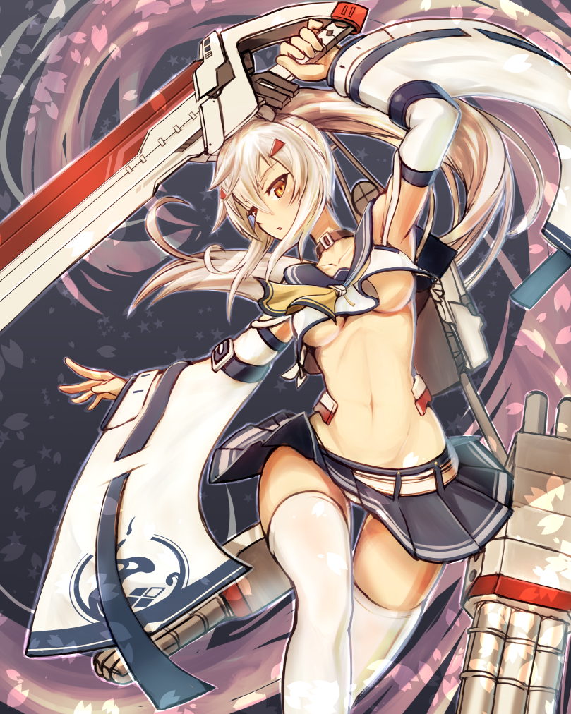 1girl arm_up armpits ascot ayanami_(azur_lane) ayanami_(retrofit)_(azur_lane) azur_lane bare_shoulders belt belt_buckle black_belt blonde_hair blue_belt blue_sailor_collar blue_skirt breasts breasts_apart buckle cherry_blossoms choker clothes_lift collarbone crop_top diamond_(shape) eyebrows female_focus groin hair_between_eyes hair_ornament high_ponytail holding holding_sword holding_weapon iroia leg_up long_hair long_sleeves lowleg lowleg_skirt machinery medium_breasts midriff miniskirt navel no_bra open_mouth orange_eyes outline outstretched_arm palms panties pantyshot petals platinum_blonde_hair pleated_skirt ponytail remodel_(azur_lane) ribbon-trimmed_clothes ribbon-trimmed_sleeves ribbon_trim sailor_collar school_uniform serafuku ship_turret shirt sidelocks skirt skirt_lift sleeveless sleeveless_shirt solo standing star_(symbol) stomach sword thighhighs torpedo torpedo_tubes underboob underwear weapon white_belt white_panties white_shirt white_thighhighs wide_sleeves wind wind_lift yellow_ascot zettai_ryouiki