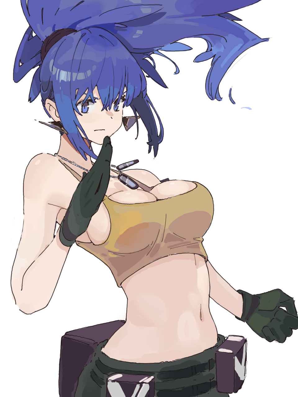 1girl belt belt_pouch black_belt black_pants blue_eyes blue_hair breasts camouflage camouflage_pants clenched_hand crop_top digital_camouflage dog_tags earrings gloves highres jewelry leona_heidern midriff navel ooiwa_(irc14786149) pants ponytail pouch solo tank_top the_king_of_fighters the_king_of_fighters_xv upper_body urban_camouflage utility_belt white_background yellow_tank_top