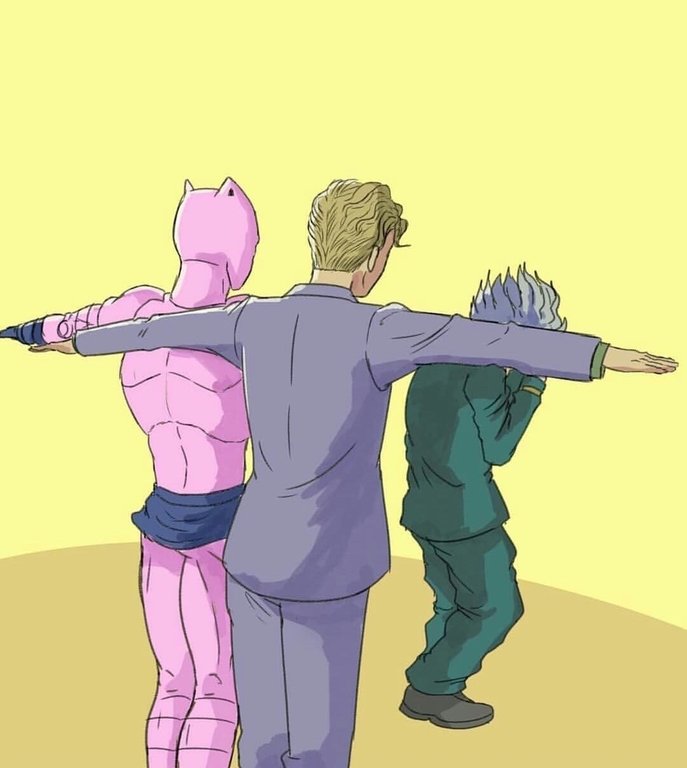 animal_ears assert_your_dominance_(meme) blonde_hair cat_ears cowering diamond_wa_kudakenai formal_clothes from_behind gakuran green_gakuran grey_hair hirose_koichi jojo_no_kimyou_na_bouken killer_queen kira_yoshikage meme parody purple_suit school_uniform suit t-pose yellow_background