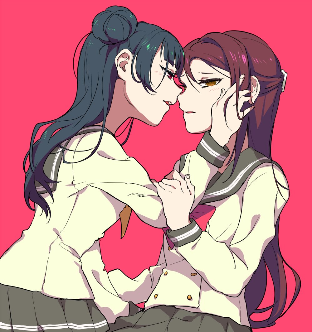 2girls adjusting_hair averting_eyes bad_id bad_twitter_id blue_hair buttons double-breasted grey_sailor_collar grey_skirt hair_bun hand_on_another&#039;s_arm hand_on_another&#039;s_face long_hair long_sleeves looking_at_another love_live! love_live!_sunshine!! multiple_girls open_mouth pink_background pleated_skirt purple_eyes red_hair sailor_collar sakurauchi_riko school_uniform shiontaso shirt simple_background single_hair_bun single_side_bun skirt tsushima_yoshiko uranohoshi_school_uniform white_shirt yuri
