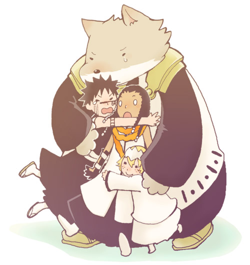 2008 2boys 2girls black_hair bleach blonde_hair brown_fur chibi closed_eyes crying dondondodon hisagi_shuuhei hug japanese_clothes komamura_sajin multiple_boys multiple_girls tears tousen_kaname wolf_boy wonderweiss_margela